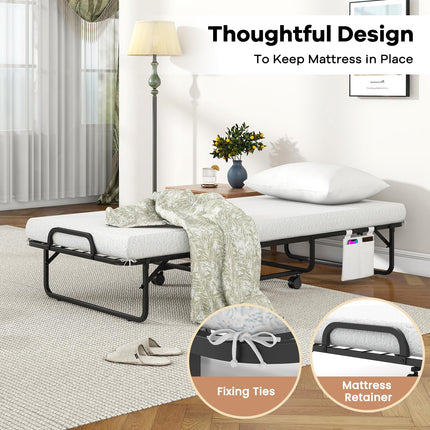 Dreamade Folding Bed with Mattress and Top Pillow, Cot Portable Guest Bed w/Metal Frame, 75" x 31"