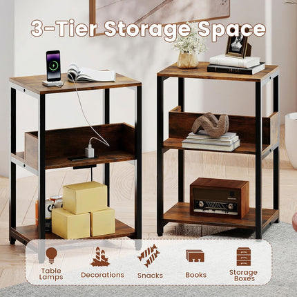 Dreamade Side Table with Charging Station - Industrial 3-Tier Bedside Table w/Open Storage Shelves