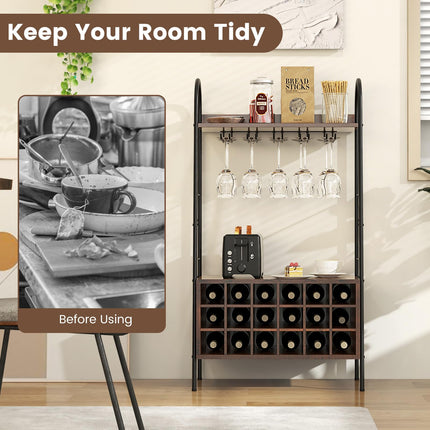 Dreamade 18-Bottle Wine Rack Freestanding Floor, Kitchen Baker’s Rack w/ 15 Glasses Holder, Rustic Brown