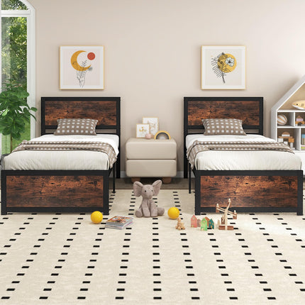 Dreamade Twin Bed Frames for Kids, Industrial Metal Platform Bed with Headboard