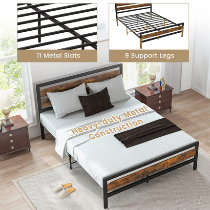 Dreamade Queen Metal Platform Bed Frame with Wooden Headboard & Footboard, Rustic Brown