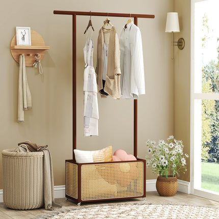 Dreamade Bamboo Clothes Rack 2-In-1 Clothing Hanging Rail for Hallway Living Room Bedroom