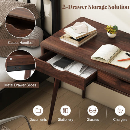 Dreamade Mid-Century Desk with 2 Drawers, 43.5" Writing Study Desk with Solid Rubber Wood Legs