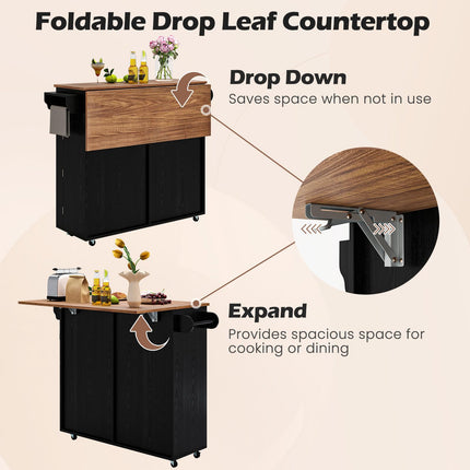 Dreamade Kitchen Island Cart with Hidden Tilt Out Trash Can Cabinet, Drop Leaf, 2 Drawers, Towel Rack
