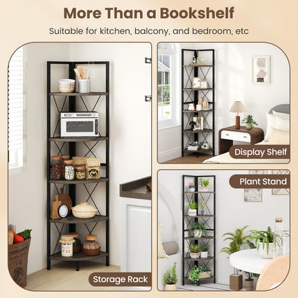 Dreamade 5-Tier Corner Shelf, 63" Tall Corner Bookshelf, Freestanding Storage Rack w/Metal Frame