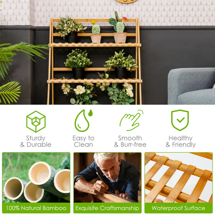 Dreamade 3 Tier Folding Storage Shelf, Bamboo Ladder Plant Stand