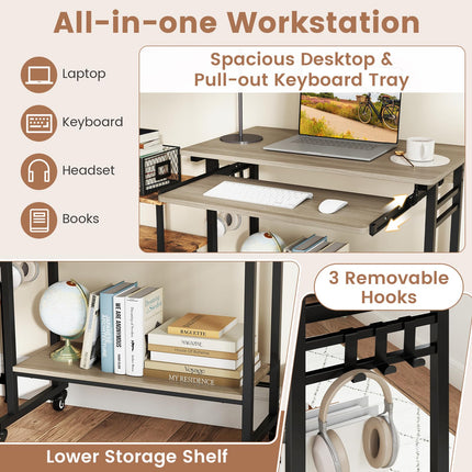 Dreamade Rolling Laptop Table with Pull-out Keyboard Tray and Hooks