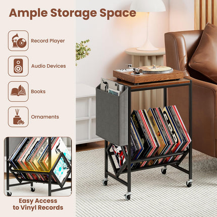 Dreamade Rolling Record Player Stand 2-Tier with Vinyl Storage and Magazine Holder Bag