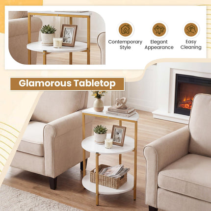 Dreamade 3-Tier Round Side Table - Wood Bedside Sofa End Table with Storage Shelves & Metal Frame