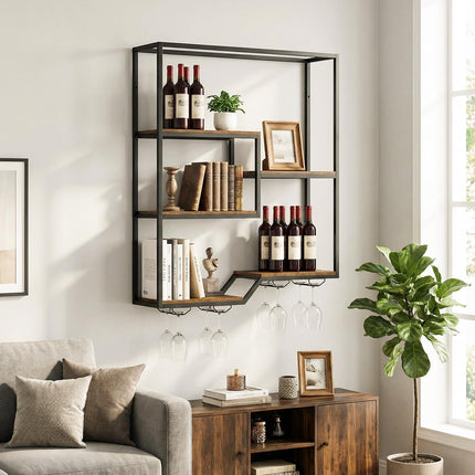 Dreamade Wall Mounted Wine Rack 6-Tier Hanging Bar Shelf with Bottle Display Shelf and Glass Holder