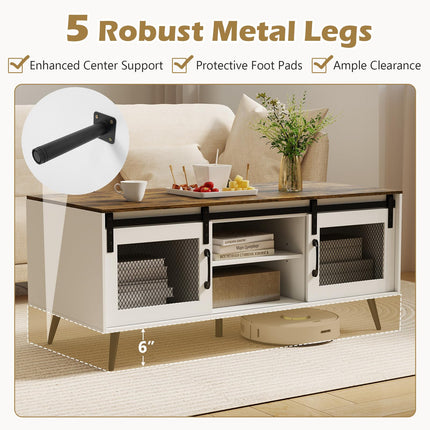 Dreamade 48" Farmhouse Coffee Table with Sliding Doors & Adjustable Shelf