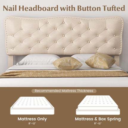 Dreamade Full Size Bed Frame Beige, Linen Fabric Upholstered Platform Bed Frame with Nail Headboard