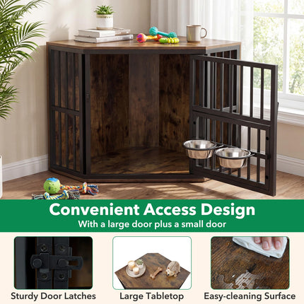 Dreamade Corner Dog Crate Furniture with Adjustable & Reversible Elevated Feeder