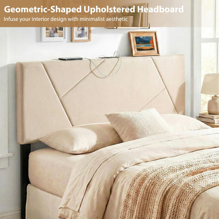 Dreamade Geometric Upholstered Head Board with 2 AC Outlets for Queen and Full Size Bed