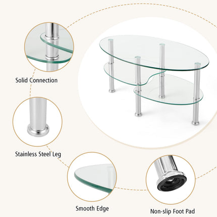 Dreamade Oval Glass Coffee Table - 3-Tier Transparent Tempered Glass Center Table with Metal Stand, 35"× 20" ×18"