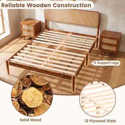 Dreamade Wooden Bed Frame Full/Twin/Queen Size with Rattan Headboard