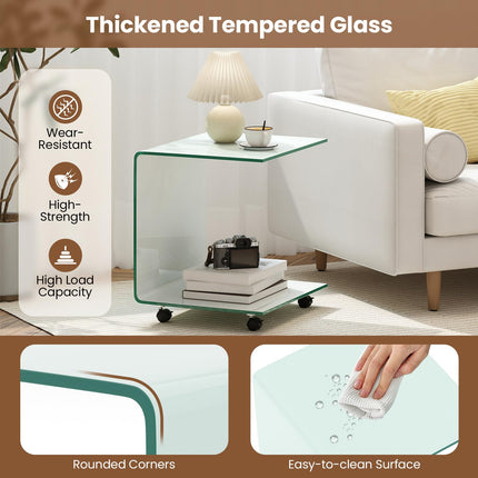 Dreamade C-Shaped End Table with Wheels - Mobile Tempered Glass Sofa Couch Side Table w/2-Tier Storage Shelf