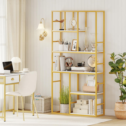 Dreamade 5-Tier Bookshelf 71" Freestanding Golden Bookcase with Open Storage Shelves