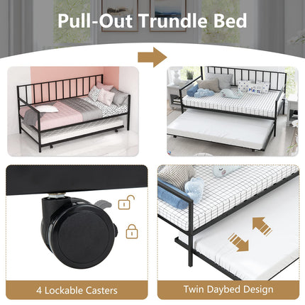 Dreamade Metal Daybed with Trundle, Twin Size Daybed with Pullout Trundle & Steel Slat Support, Black