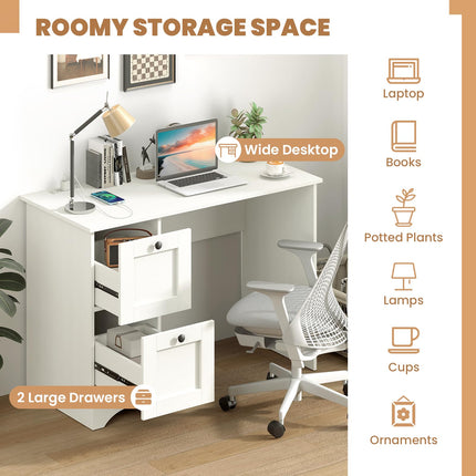 Dreamade White Desk with 2 Drawers, 43” Wooden Home Office Desk with Charging Station