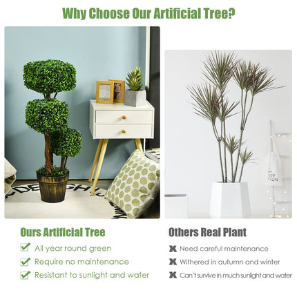 36' Artificial Triple Square Shaped Boxwood Topiary Tree W/ Cement-Filled Plastic Pot - DreamadeUS