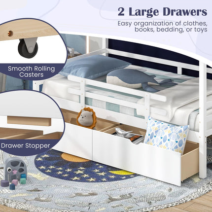 Dreamade Twin House Bed with Tent, Wood Kids Bed with 2 Storage Drawers, Solid Wood Daybed Frame with Rails and Roof