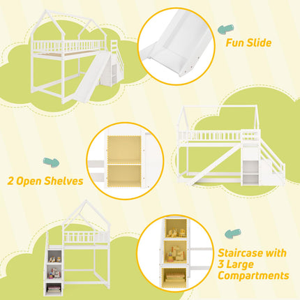 Dreamade House Bunk Bed Twin Over Twin with Slide and Stairs