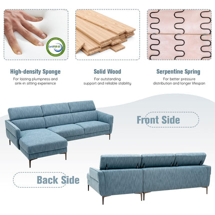 Dreamade L-Shaped Sofa Couch, 3-Seat Upholstered Sofa with Wide Chaise Lounge, Adjustable Headrest, Blue