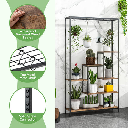 Dreamade 71" Tall Plant Stand Indoor, 6-Tier Metal Plant Shelf with 10 Hanging Hooks