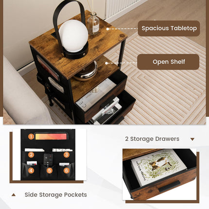 Dreamade Nightstand with Charging Station, Industrial Bedside Table with 2 Fabric Drawers & 6 Storage Pockets