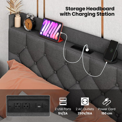 Dreamade Queen/Full Size Floating Bed Frame with LED Lights, Modern Platform Bed with Adjustable Upholstered Headboard & Charging Station
