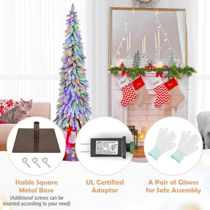 Dreamade 6ft Pre-Lit Flocked Christmas Tree, Artificial Slim Pencil Xmas Tree with 250 LED Lights