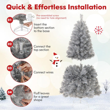 Dreamade 5ft / 6ft / 7 ft Pre-Lit Silver Tinsel Christmas Tree with Warm White LED Lights