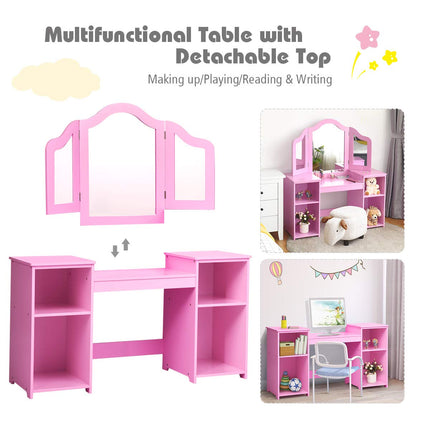 DREAMADE 2-in-1 Kids Make Up Vanity Desk, Pretend Play Kids Vanity w/Detachable Top