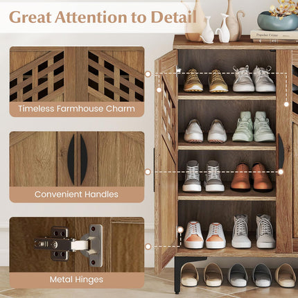 Dreamade 4-Tier Wooden Shoe Organizer Cabinet with Hollow Woven Doors & 3 Removable Shelves