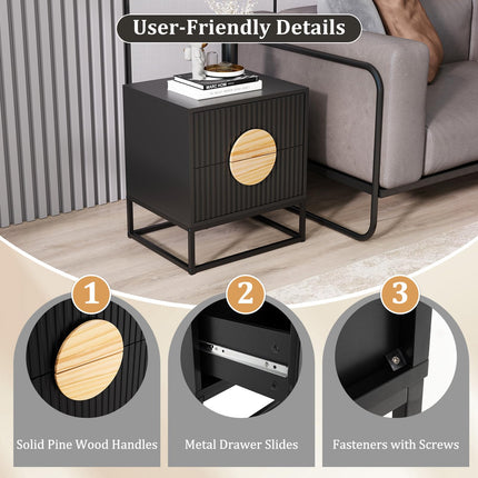 Dreamade Fluted Nightstand with 2 Drawers with Natural Circle Handle & Metal Frame