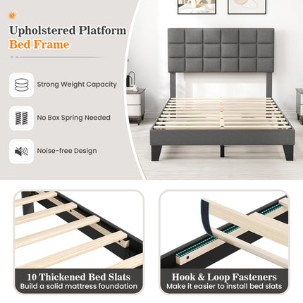 Dreamade Full Size Platform Bed, Linen Fabric Upholstered Bed Frame with Adjustable Headboard & Wooden Slat Support