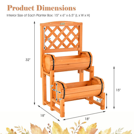 Dreamade Raised Garden Bed with 2 Barrel Planters & Trellis, 2-Tier Freestanding Wooden Raised Bed for Vegetable Flower Fruit