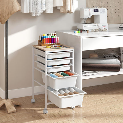 Dreamade 5-Drawer Rolling Storage Cart Mobile Utility Organizer with Wooden Tabletop and Lockable Wheels