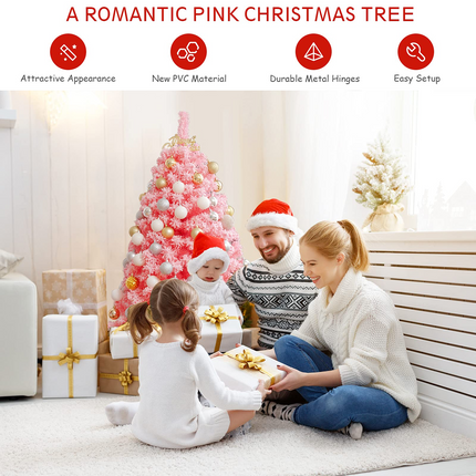 Dreamade 4.5ft Pink Artificial Christmas Tree, Unlit Hinged Snow Flocked Xmas Tree w/ 348 PVC Branch Tips & Metal Stand - DreamadeUS