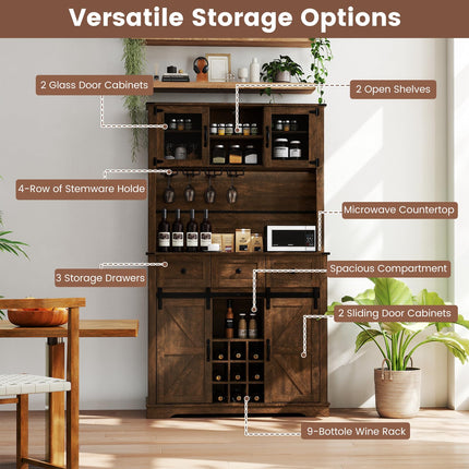 Dreamade 72" Farmhouse Coffee Bar Cabinet w/Glass Doors & Wine Racks