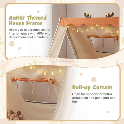 Dreamade Twin Size House Floor Wood Bed with Tent