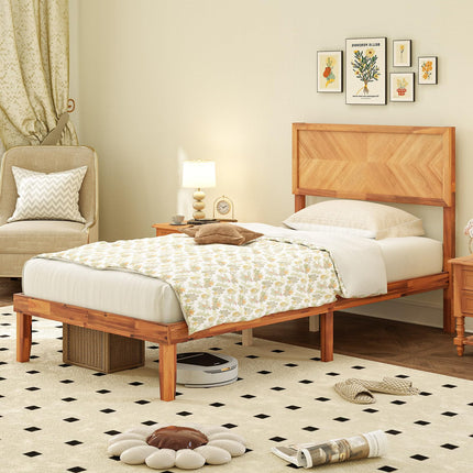 Dreamade Wood Twin Bed/Full Size Bed/Queen Bed Frames with Headboard, Solid Acacia Wood Platform Bed with 12 Strong Wooden Slat Support