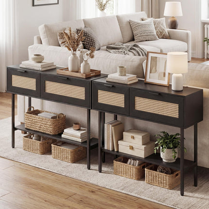 Dreamade Rattan Console Table Boho Entryway Table with 2 Storage Cabinets