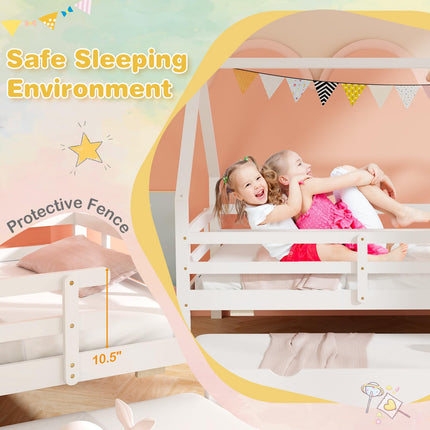 Dreamade Twin House Bed with Trundle, Wood Kids Bed Frame with Roof & Fence Rails
