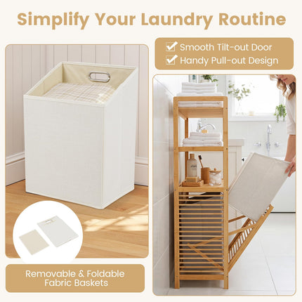 Dreamade Double Tilt Out 14 Gal Bamboo Laundry Hamper with 3-Tier Storage Shelf