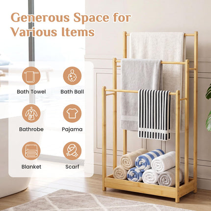 Dreamade 3 Tier Free Standing Bamboo Towel Rack with Storage Shelf
