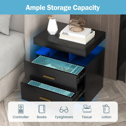 Dreamade LED Nightstand, Modern Black Bedside Tables with 2 Storage Drawers