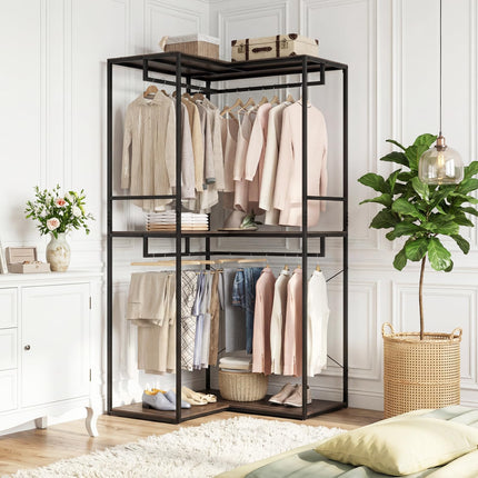 Dreamade Heavy Duty Clothes Rack | 3-Tier L-Shaped Garment Rack w/3 Open Shelves & 2 Hanging Racks