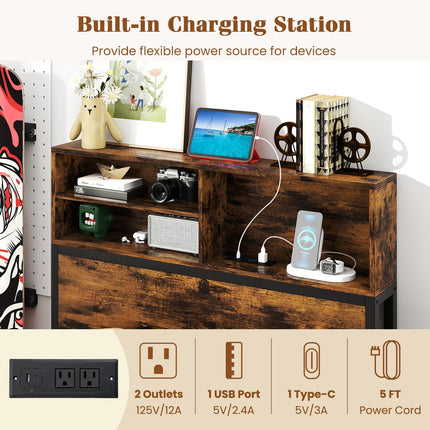 Dreamade King/Queen/Twin Size Bed Frame with Storage Headboard and Charging Station, Industrial Metal Platform Bed